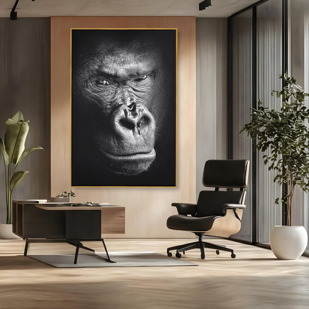 Tablou canvas cu tablou canvas cu portret de gorila, in rama de aluminiu auriu, pe perete intr-un birou